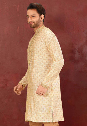 Hand Embroidered Art Silk Jacquard Kurta in Light Beige