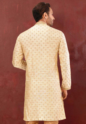 Hand Embroidered Art Silk Jacquard Kurta in Light Beige