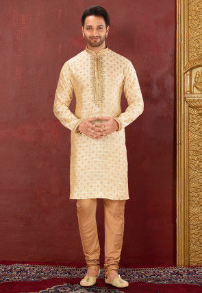 Hand Embroidered Art Silk Jacquard Kurta in Light Beige