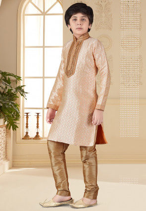 Hand Embroidered Art Silk Jacquard Kurta Set in Peach