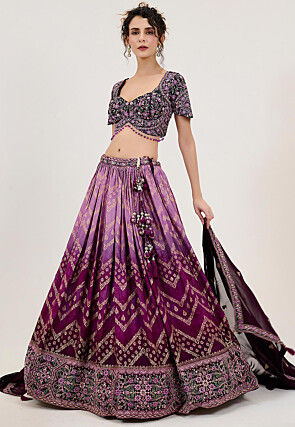Hand Embroidered Art Silk Jacquard Lehenga in Shaded Purple