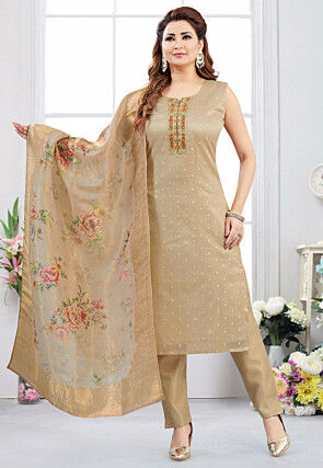 Hand Embroidered Art Silk Jacquard Pakistani Suit in Beige