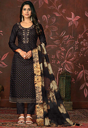 Hand Embroidered Art Silk Jacquard Pakistani Suit in Black