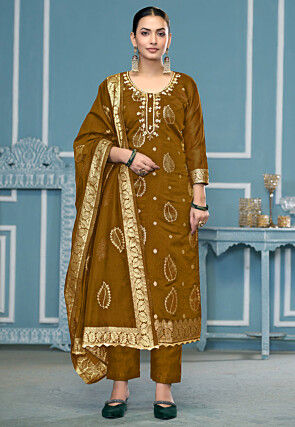 Hand Embroidered Art Silk Jacquard Pakistani Suit in Brown