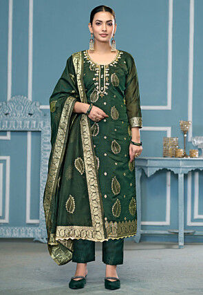 Hand Embroidered Art Silk Jacquard Pakistani Suit in Dark Green
