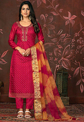 Hand Embroidered Art Silk Jacquard Pakistani Suit in Fuchsia