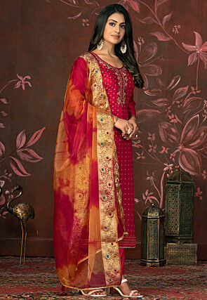Hand Embroidered Art Silk Jacquard Pakistani Suit in Fuchsia