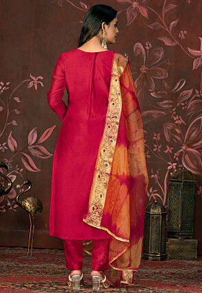 Hand Embroidered Art Silk Jacquard Pakistani Suit in Fuchsia
