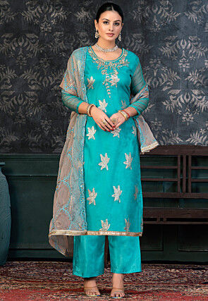 Hand Embroidered Art Silk Jacquard Pakistani Suit in Light Blue