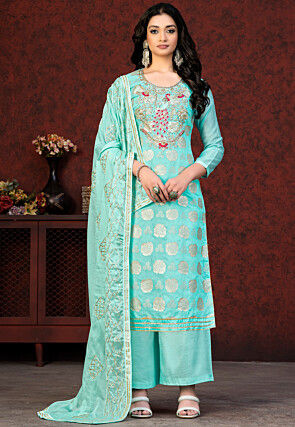 Hand Embroidered Art Silk Jacquard Pakistani Suit in Light Blue