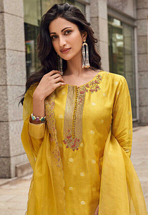 Hand Embroidered Art Silk Jacquard Pakistani Suit in Mustard