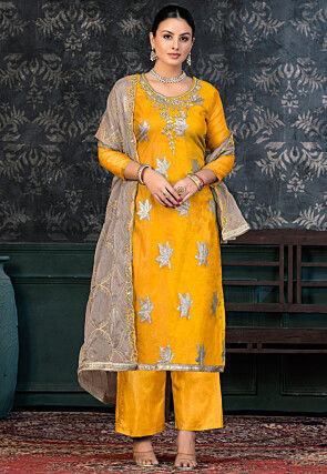Hand Embroidered Art Silk Jacquard Pakistani Suit in Mustard