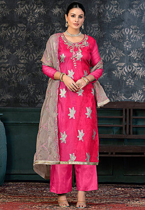 Hand Embroidered Art Silk Jacquard Pakistani Suit in Pink