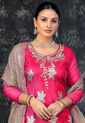 Hand Embroidered Art Silk Jacquard Pakistani Suit in Pink