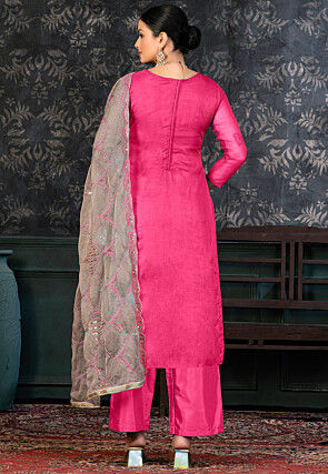 Hand Embroidered Art Silk Jacquard Pakistani Suit in Pink