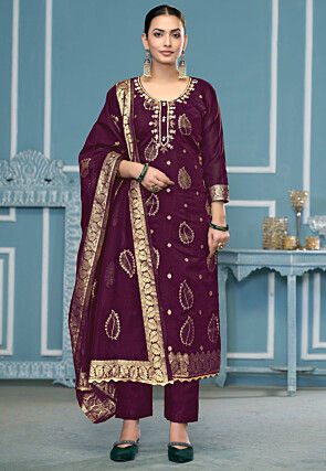 Hand Embroidered Art Silk Jacquard Pakistani Suit in Purple