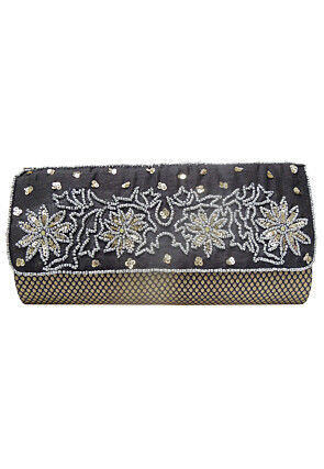 Hand Embroidered Art Silk Jacquard Rectangular Clutch Bag in Black