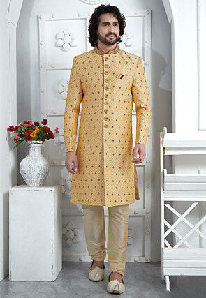 Hand Embroidered Art Silk Jacquard Sherwani in Beige
