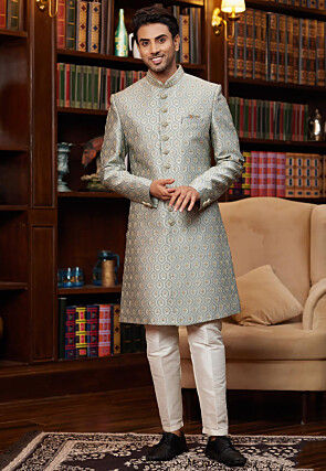 Hand Embroidered Art Silk Jacquard Sherwani in Dusty Blue