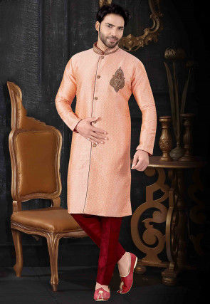Hand Embroidered Art Silk Jacquard Sherwani in Peach