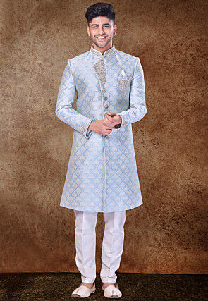 Hand Embroidered Art Silk Jacquard Sherwani in Sky Blue