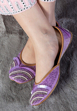 Hand Embroidered Art Silk Womens Mojari (Jutti) in Purple