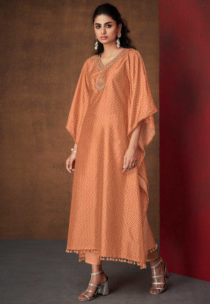 Hand Embroidered  Art Silk Kaftan with Pant in Orange