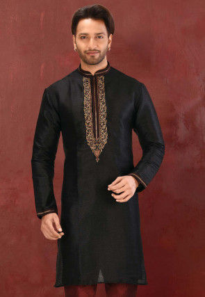 Hand Embroidered Art Silk Kurta in Black