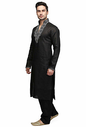 Hand Embroidered Art Silk Kurta in Black