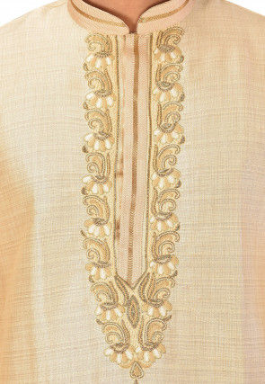 Hand Embroidered Art Silk Kurta in Light Beige
