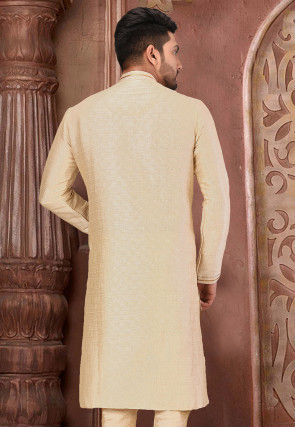 Hand Embroidered Art Silk Kurta in Light Beige