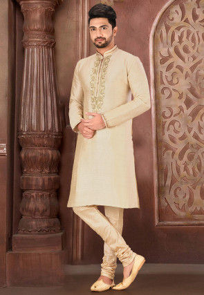 Hand Embroidered Art Silk Kurta in Light Beige
