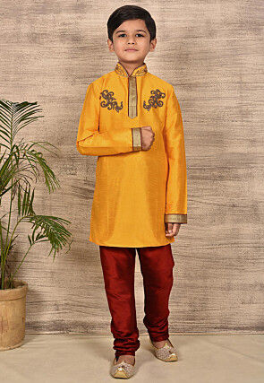 Hand Embroidered Art Silk Kurta in Mustard