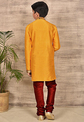 Hand Embroidered Art Silk Kurta in Mustard