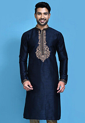 Hand Embroidered Art Silk Kurta in Navy Blue