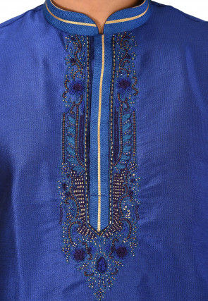 Hand Embroidered Art Silk Kurta in Royal Blue