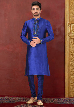 Hand Embroidered Art Silk Kurta in Royal Blue