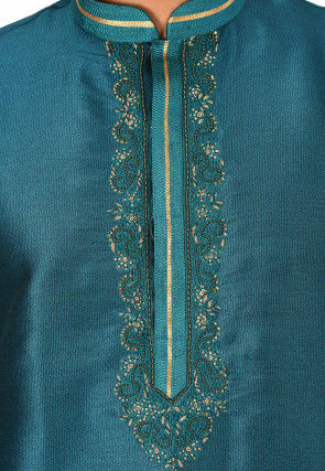 Hand Embroidered Art Silk Kurta in Teal Blue
