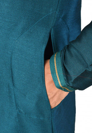 Hand Embroidered Art Silk Kurta in Teal Blue