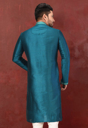 Hand Embroidered Art Silk Kurta in Teal Blue