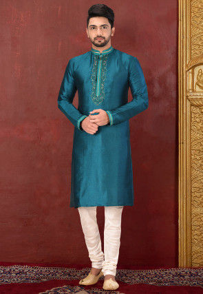 Hand Embroidered Art Silk Kurta in Teal Blue