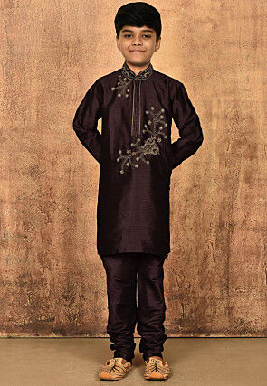 Hand Embroidered Art Silk Kurta in Wine