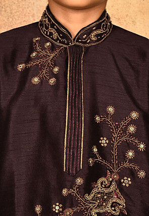Hand Embroidered Art Silk Kurta in Wine