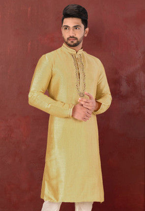 Hand Embroidered Art Silk Kurta in Yellow
