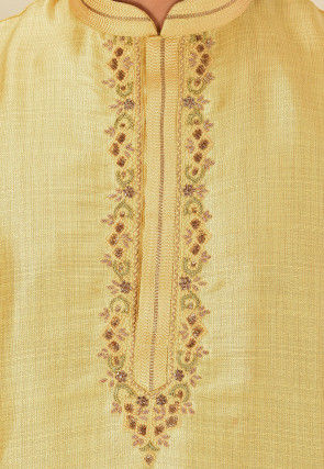 Hand Embroidered Art Silk Kurta in Yellow