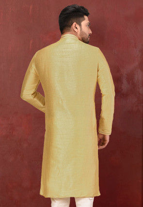 Hand Embroidered Art Silk Kurta in Yellow