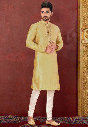 Hand Embroidered Art Silk Kurta in Yellow