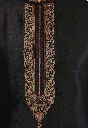 Hand Embroidered Art Silk Kurta Set in Black