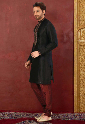 Hand Embroidered Art Silk Kurta Set in Black