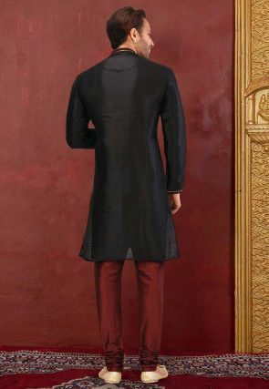 Hand Embroidered Art Silk Kurta Set in Black